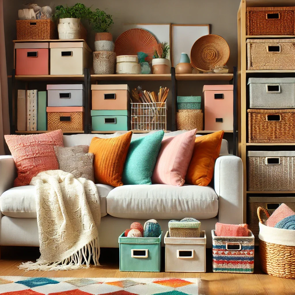 DALL·E 2024 09 11 16.47.50 A cozy living room with colorful storage boxes and woven baskets neatly arranged on shelves and under furniture. The space is organized yet warm and i